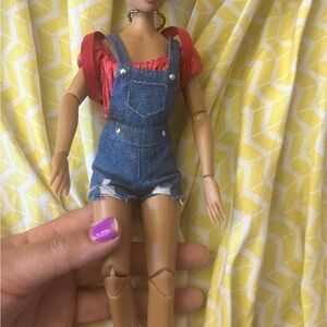 Denim Overalls with Red Top for Doll